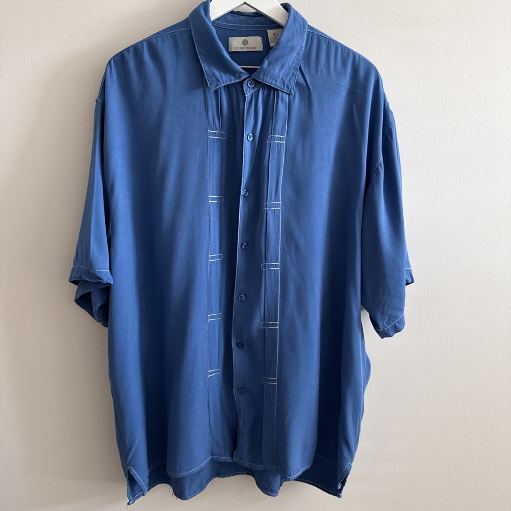 Bobby Chan Mens XL Blue Solid Short Sleeve Button Up Bamboo Silk Preppy Casual
